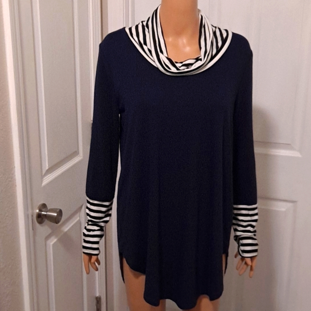 Cowl-Neck Navy Blue and White Lightweight Long sleeve Pullover by 42 Pops